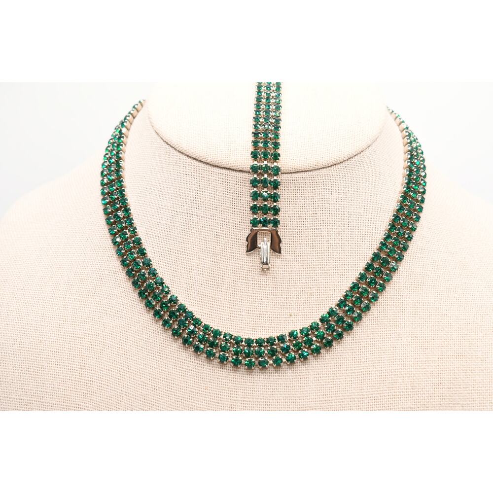 Vintage Green Rhinestone Necklace Bracelet Set Silver Tone Prong Set
